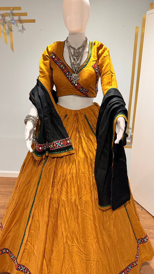 mustard rayon cotton chaniya choli & black dupatta