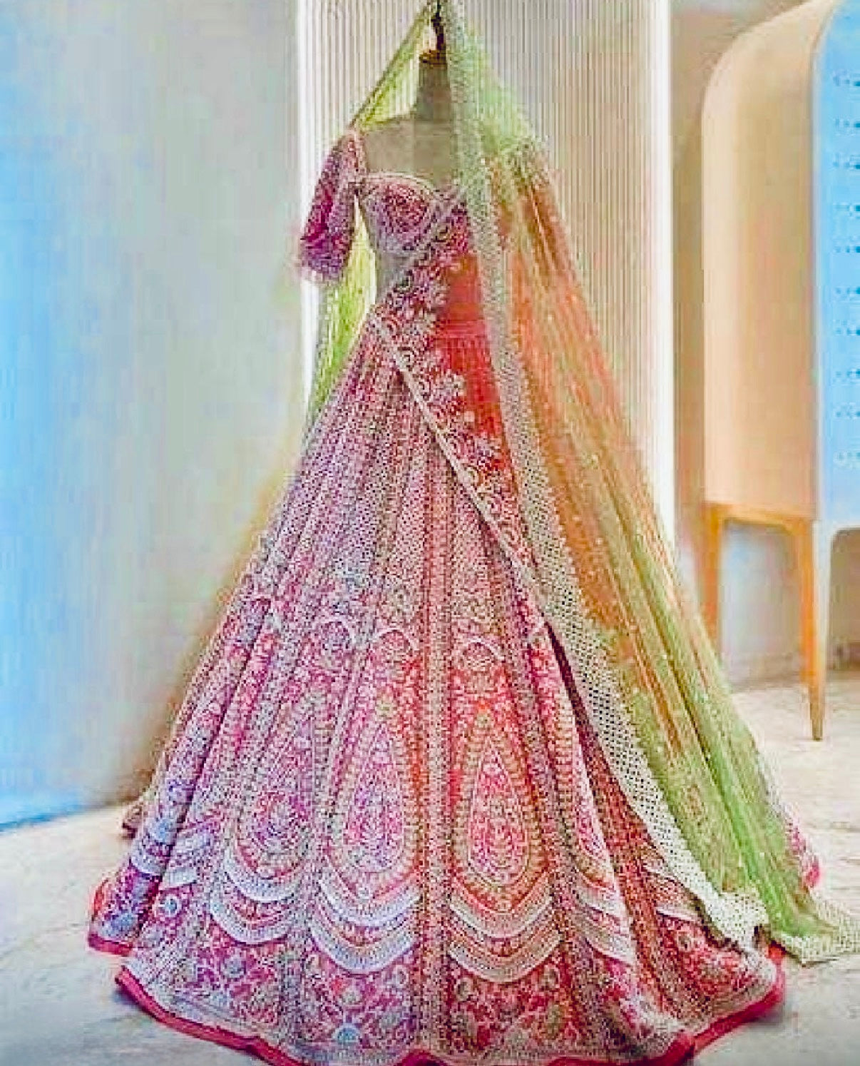 Jasmine Pink Bridal Lehenga Set – Hand-Embroidered Raw Silk with Double Dupattas | The "Gulabi-Pistachio" Dream Lehenga Set