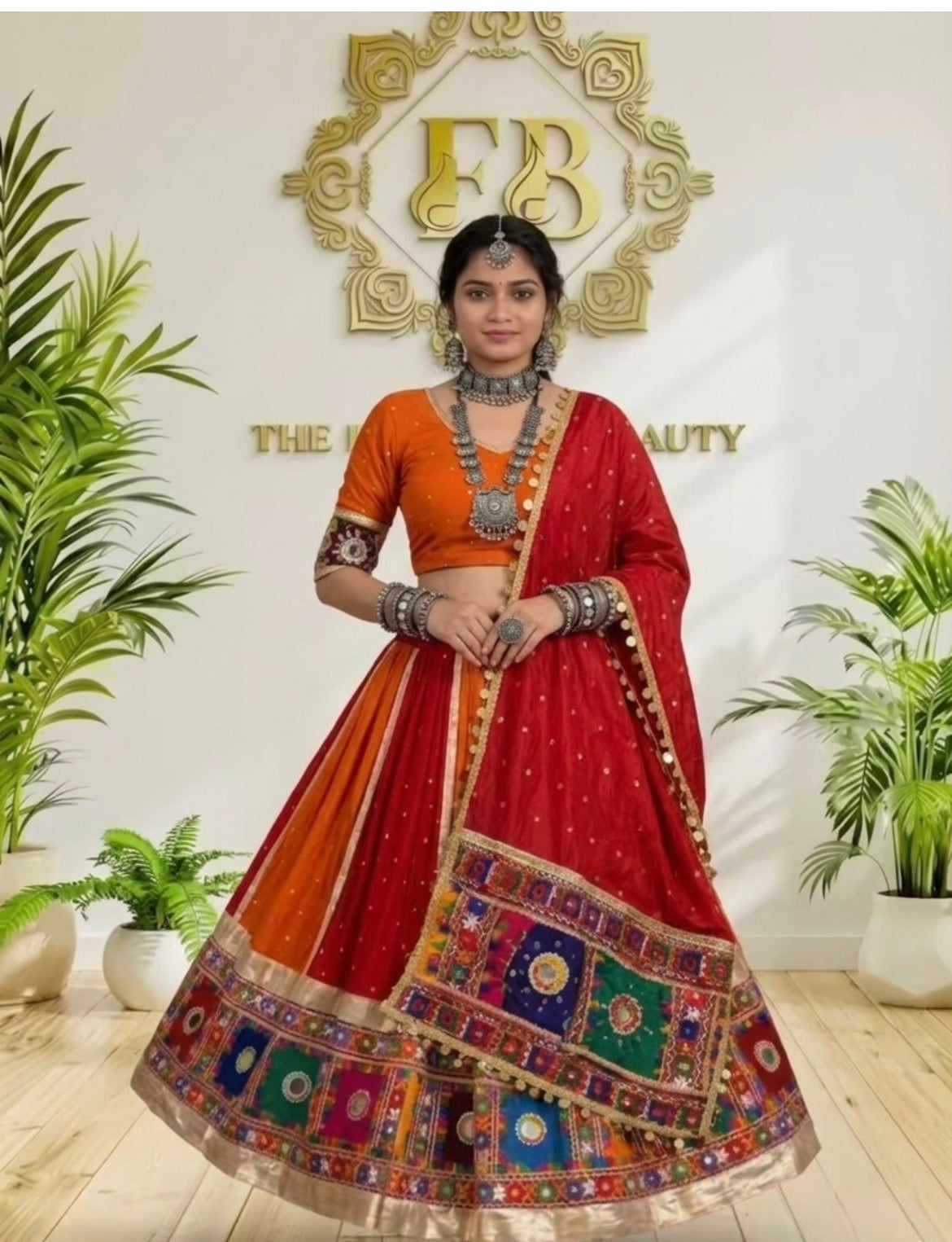 Premium Mal Chanderi Navratri Chaniya Choli - Mukesh Work & 9M Flair Lehenga