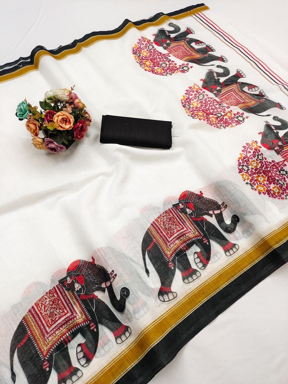 Linen Cotton Digital Printed Saree with Satin Banglory Blouse