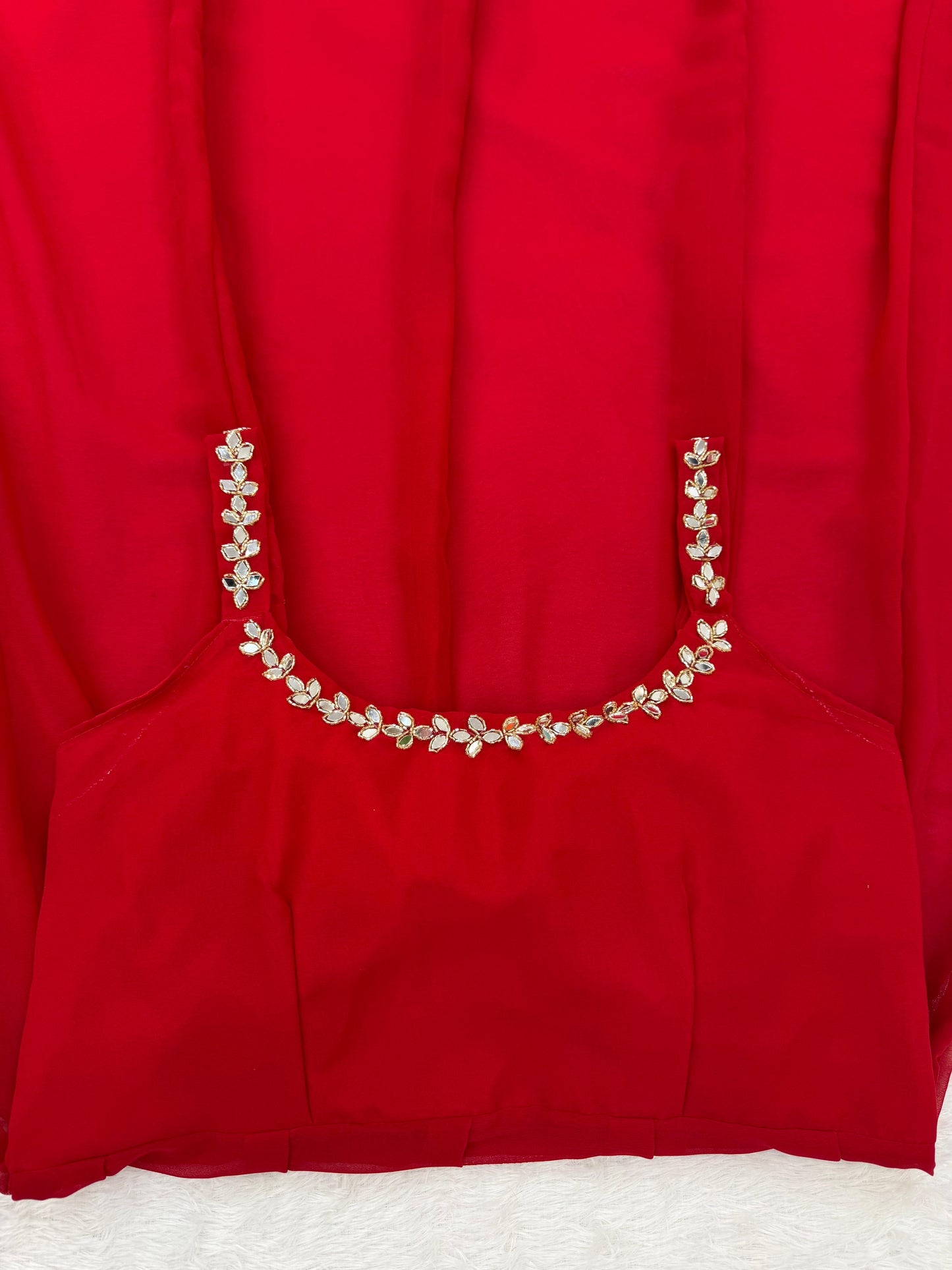 Red Hand Mirror Work Anarkali Suit Set with Palazzo & Dupatta