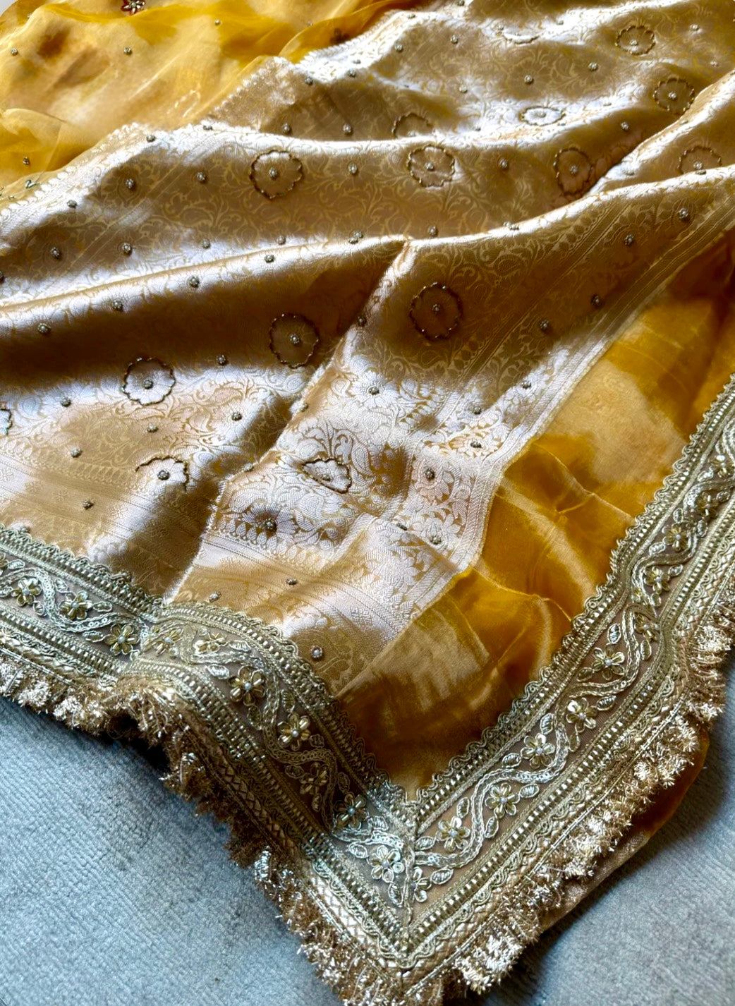 Pure Tissue Silk Meenakari Banarasi Saree in Mustard | Luxury Festive Wear