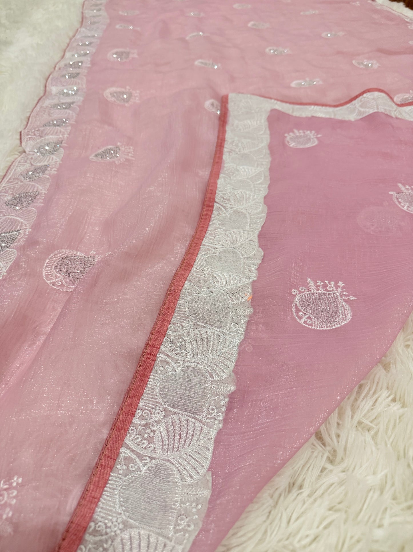 Pink Jimmy Choo Silk Saree with White Embroidery | Festive & Party Wear