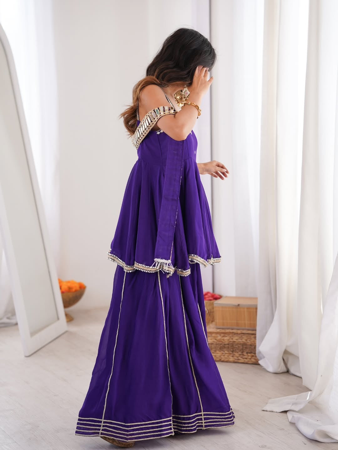 Purple Chinon Mirror Work Palazzo Set