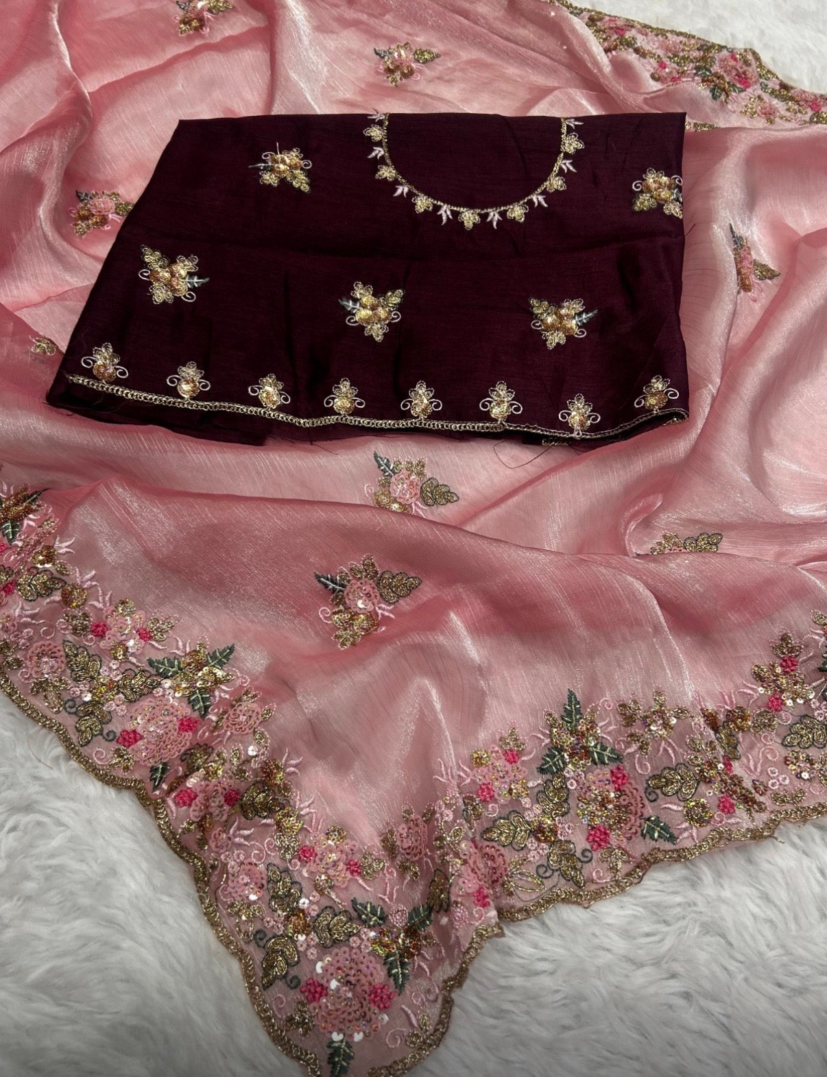 Exclusive Jimmy Choo Embroidered Saree with Heavy C-Pallu - Multi-Color Sequin & Zari Work