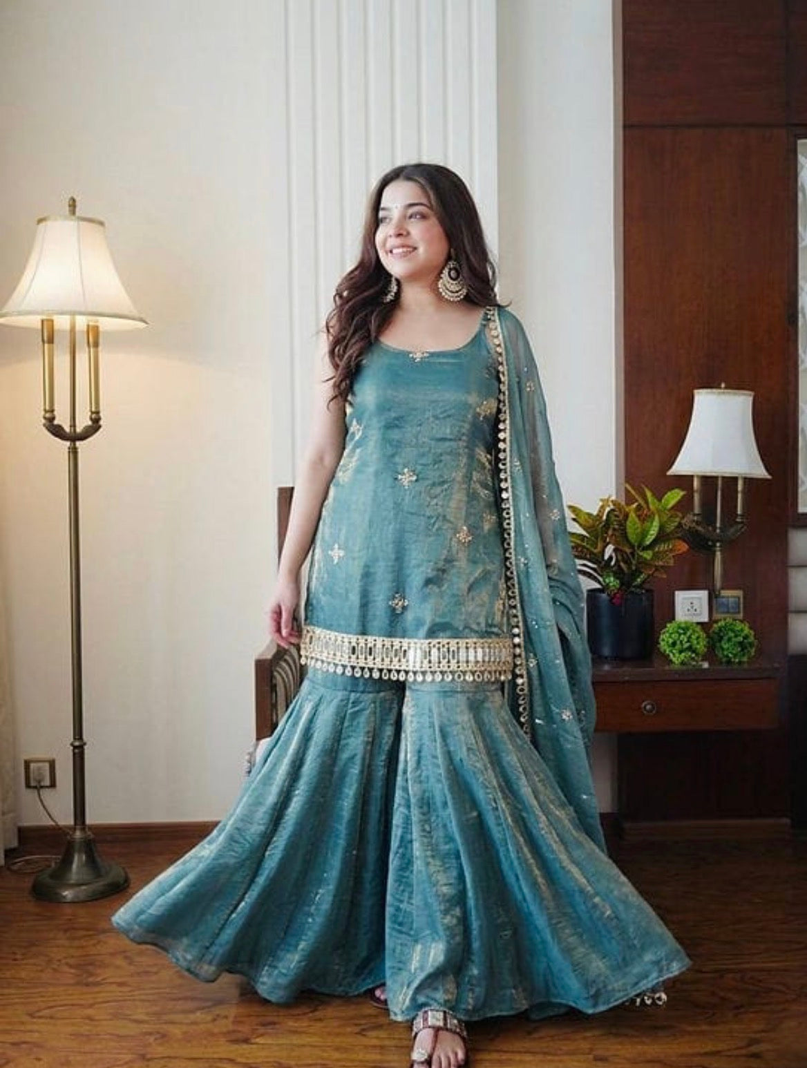 3-Piece Fendy Silk Plazo Set with Mirror Work