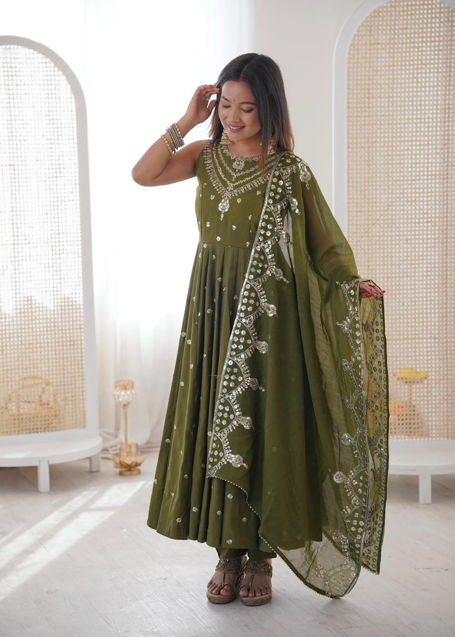 Premium Roman Silk Anarkali Gown Set with Chanderi Dupatta