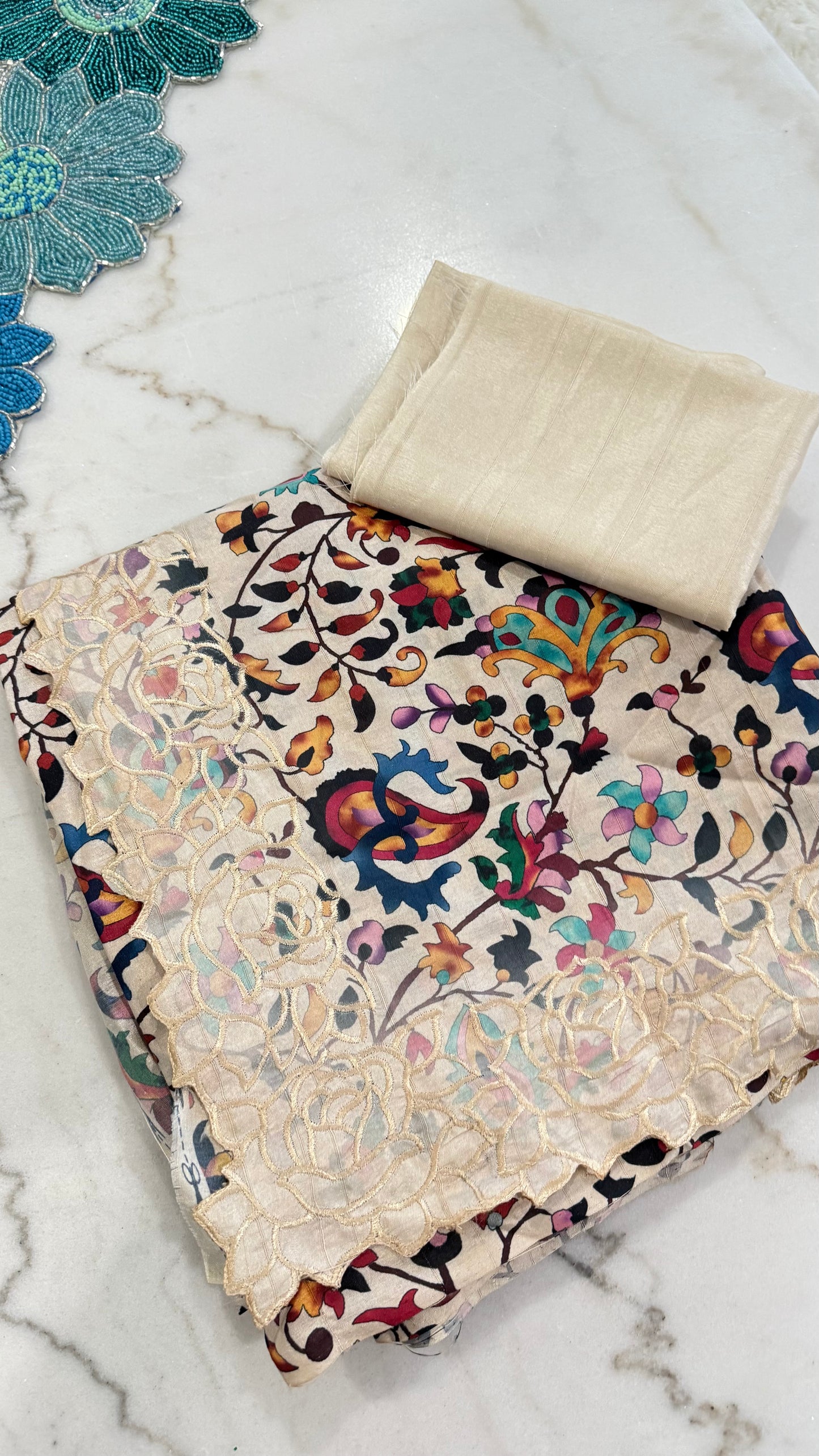 Floral Tussar Silk Saree with Cutwork Embroidered Border