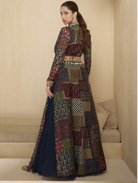 Blue Georgette Gown with Stone & Zari Work Jacket – Festive & Party Wear