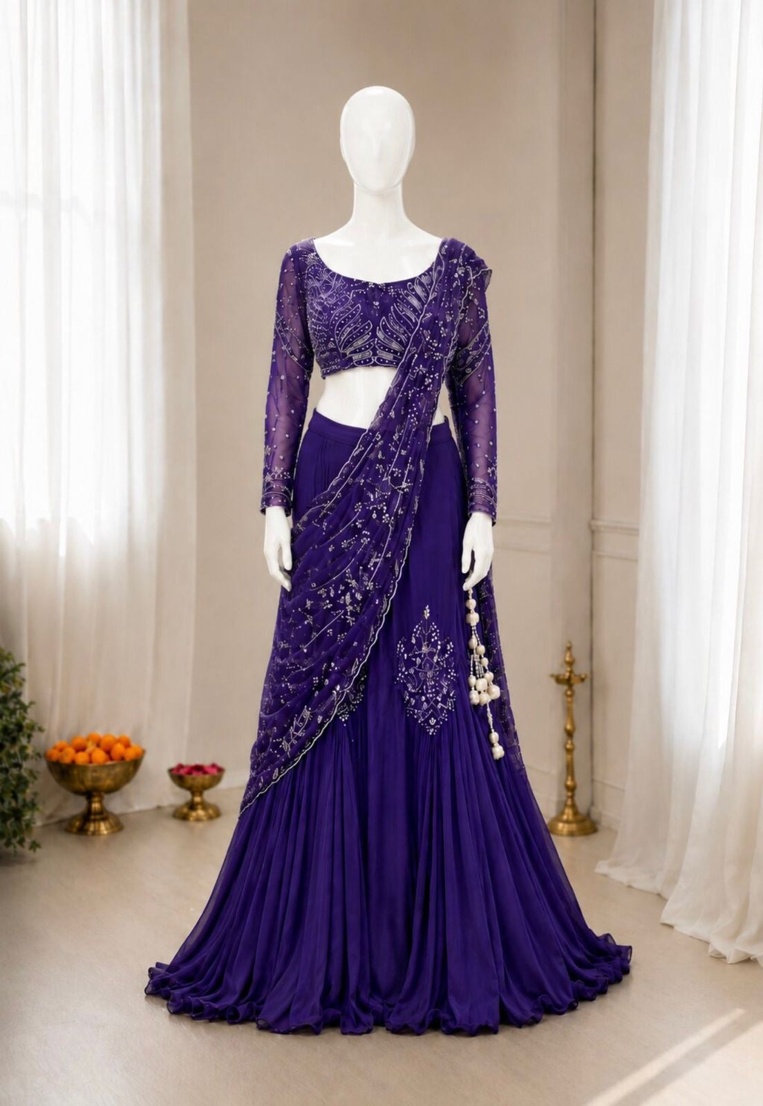 Premium Chinon Silk Lehenga Choli with Attached Pallu & Sequins Work