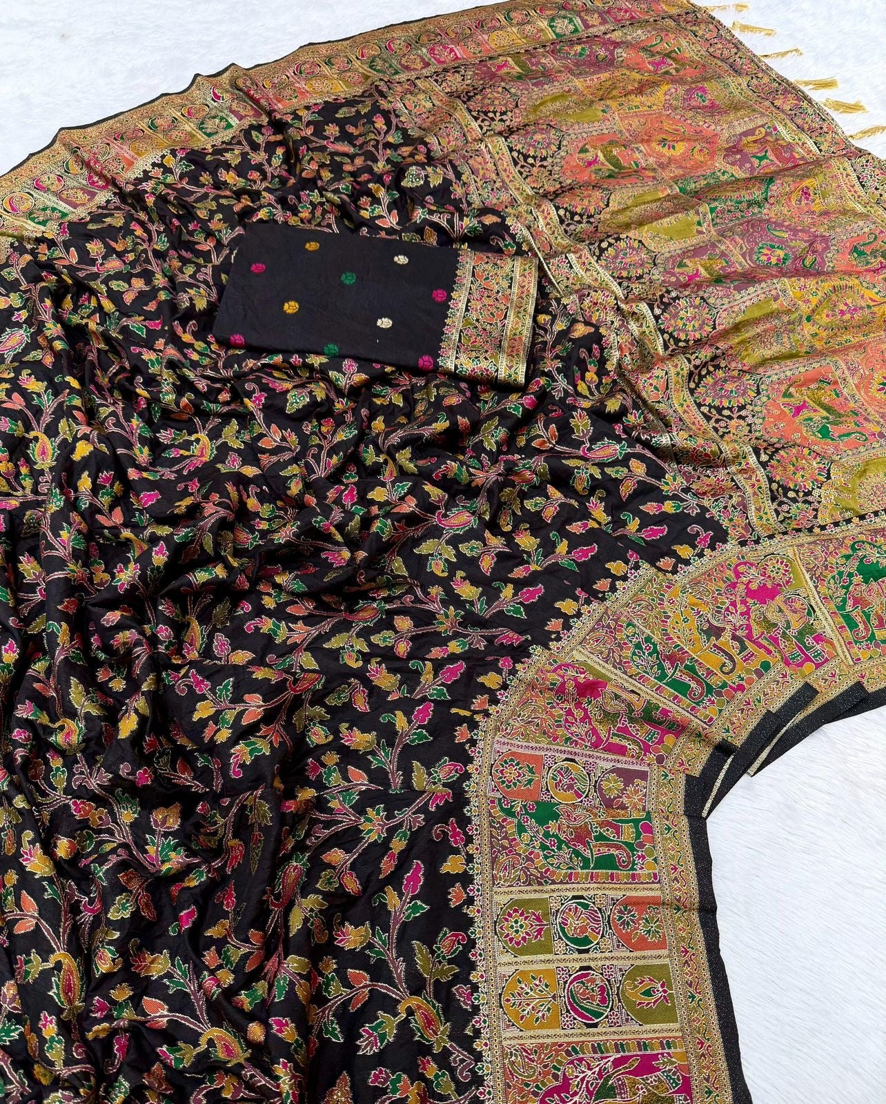 Pure Rajwadi Pashmina Silk Weaving Saree - Hand Dyed Kashmiri Pallu