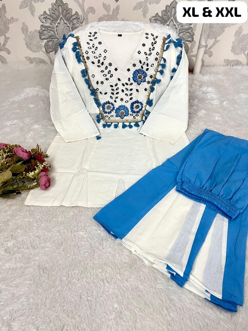 Natural Flax Cotton Mirror Work Co-ord Set
