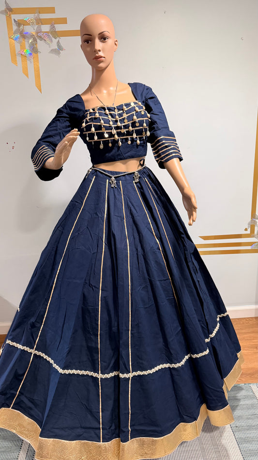 Navy Blue Jaam Cotton Lehenga Choli with Heavy Kodi Lace & 10 Mtr Flare