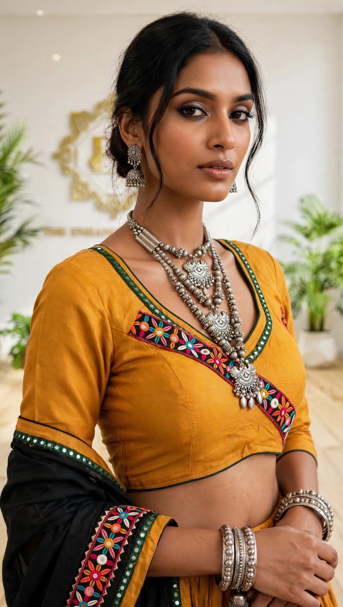 Premium Mustard Rayon Cotton Chaniya Choli with Black Dupatta | Traditional Mirror & Gamthi Work