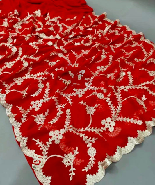 Timeless Elegance: The Red Bridal Georgette Saree with Kashida Embroidery