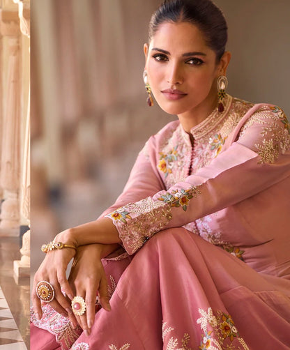 Premium Rosy Pink Chinon Silk Party Wear Anarkali Palazzo Set