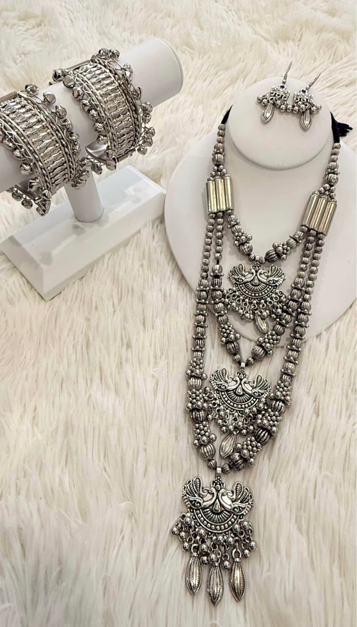 Elegant Oxidized Triple Layer Long Necklace Set  With Bangles