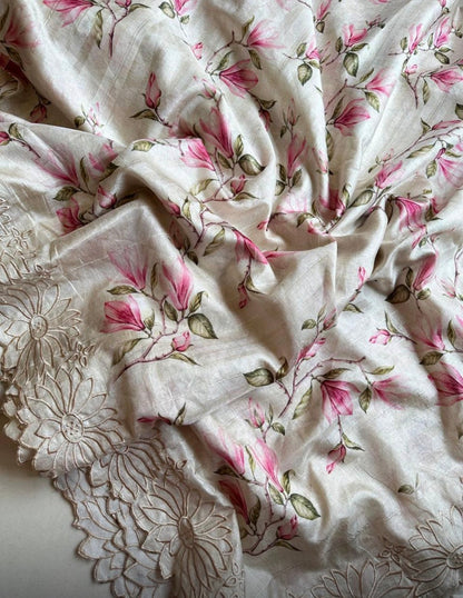Floral Tussar Silk Saree with Cutwork Embroidered Border
