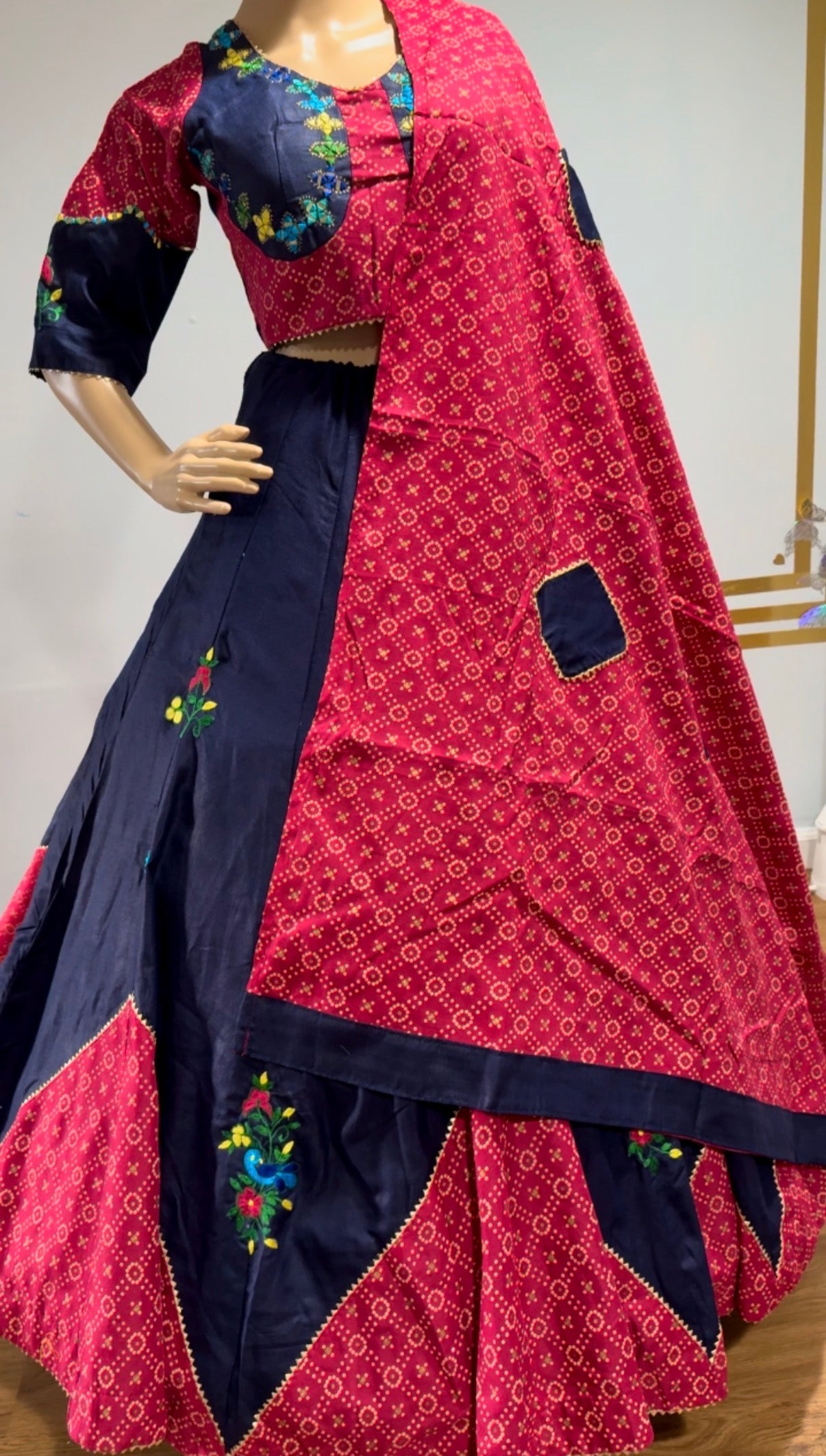 Royal Contrast Embroidered Navratri Lehenga Choli – Navy Blue & Rani Pink