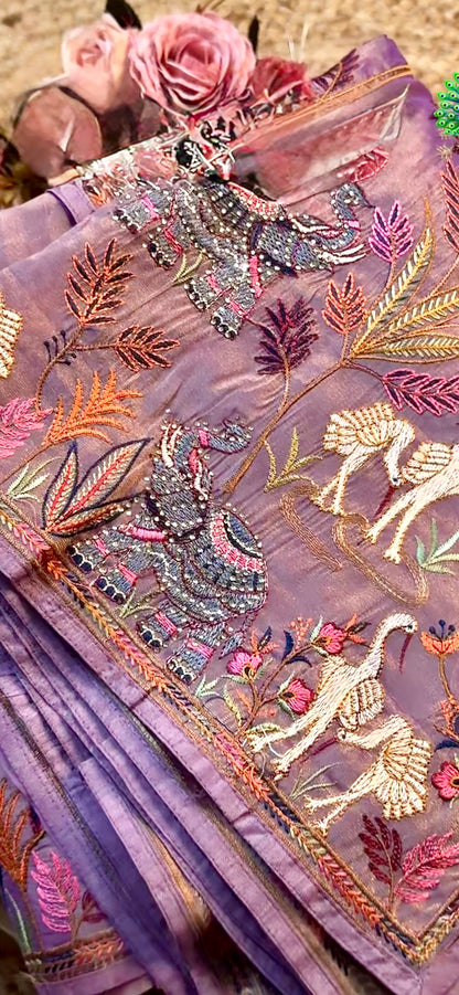 Luxury Peacock Embroidered Saree with Sequin Work & Stitched Blouse