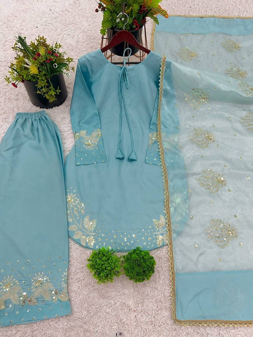 Sky Blue Designer Crepe Silk Palazzo Suit Set with Organza Dupatta