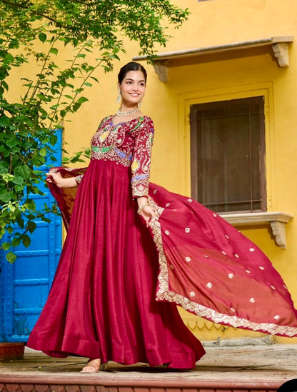 Roop Rani Designer Anarkali Suit – Vichitra Fabric Embroidered Gown with Zari Dupatta
