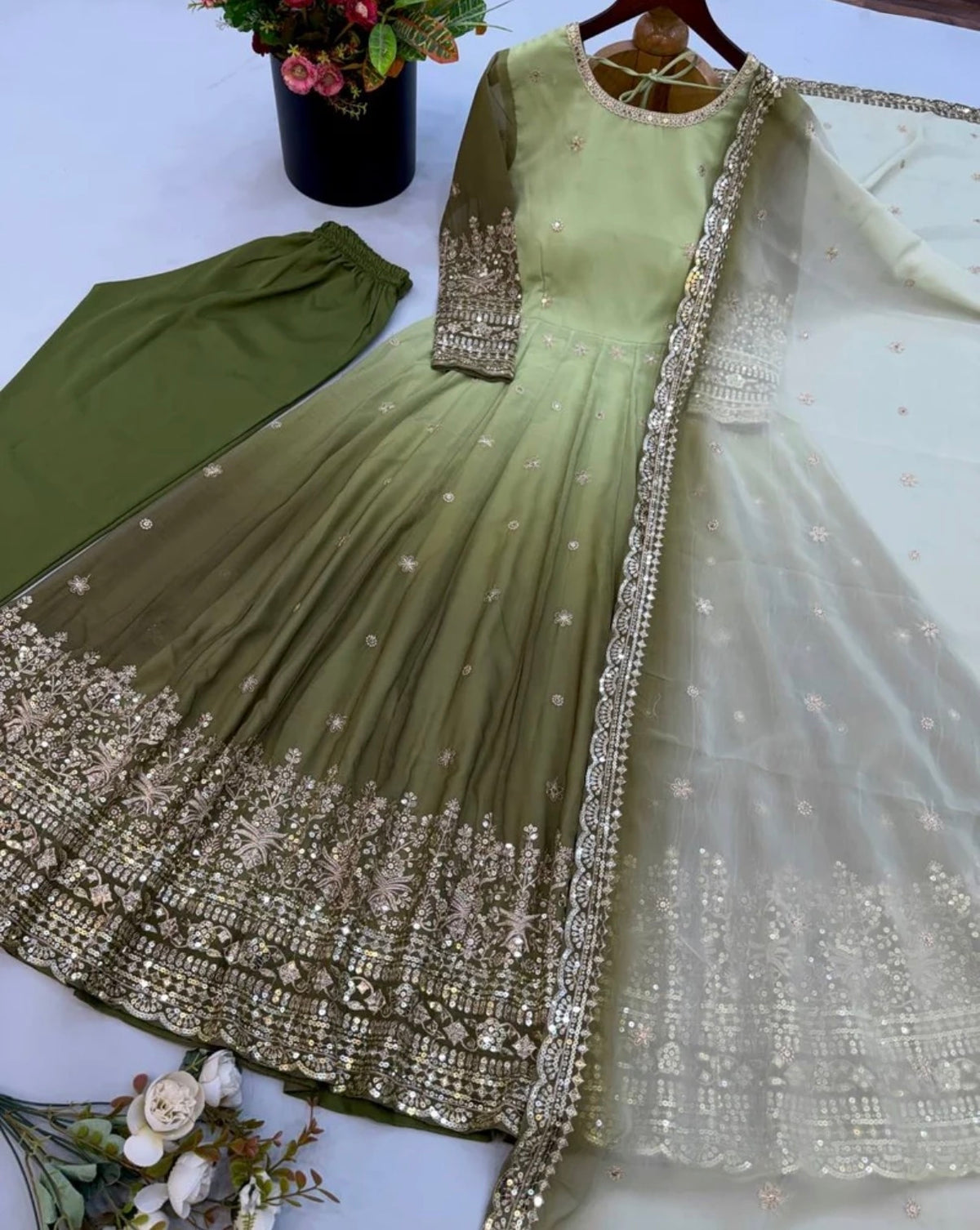 Festive Trending Designer Georgette Gown Set with Sequin Embroidery