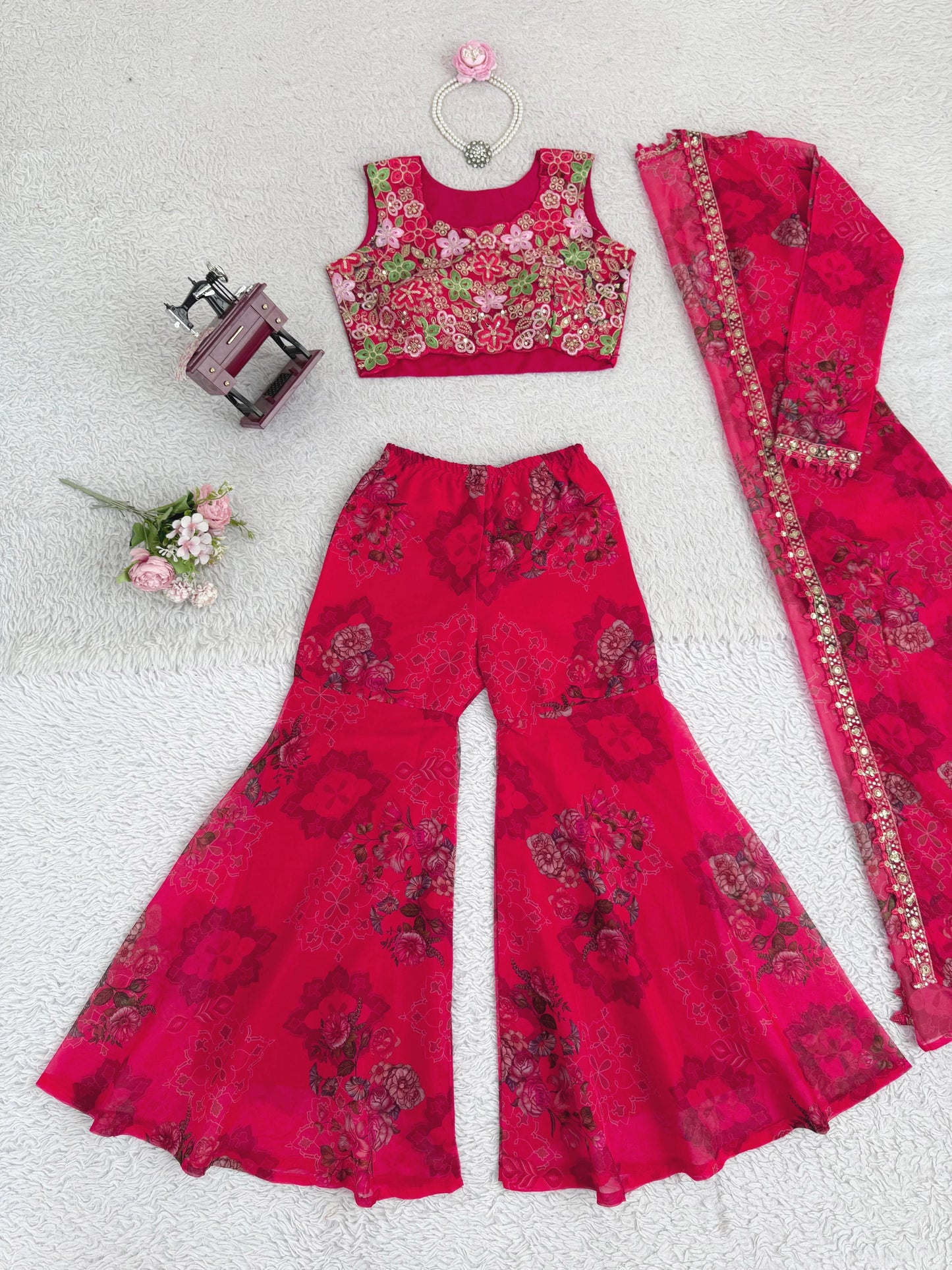 Designer Silk Sharara Set with Embroidered Shrug & Blouse