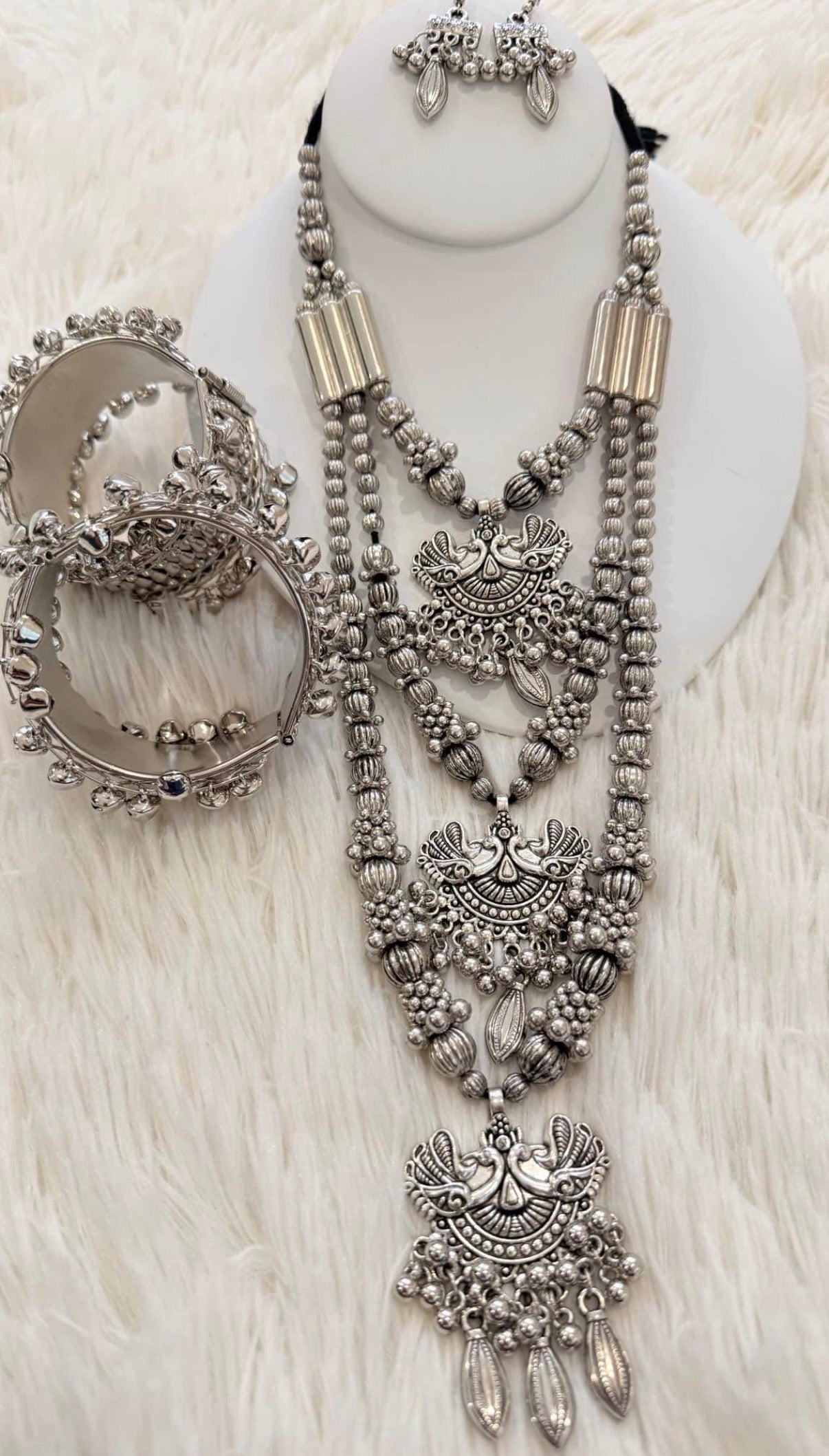 Elegant Oxidized Triple Layer Long Necklace Set  With Bangles