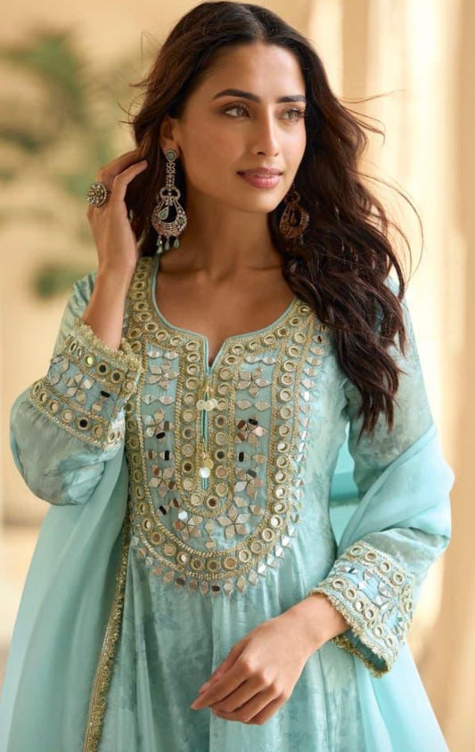 Mirror Work Simar Silk Suit Set with Embroidered Dupatta