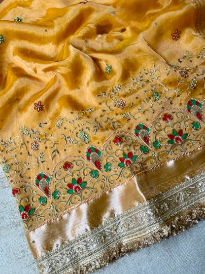 Pure Tissue Silk Meenakari Banarasi Saree in Mustard | Luxury Festive Wear