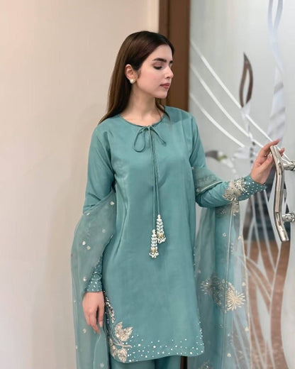 Sky Blue Designer Crepe Silk Palazzo Suit Set with Organza Dupatta