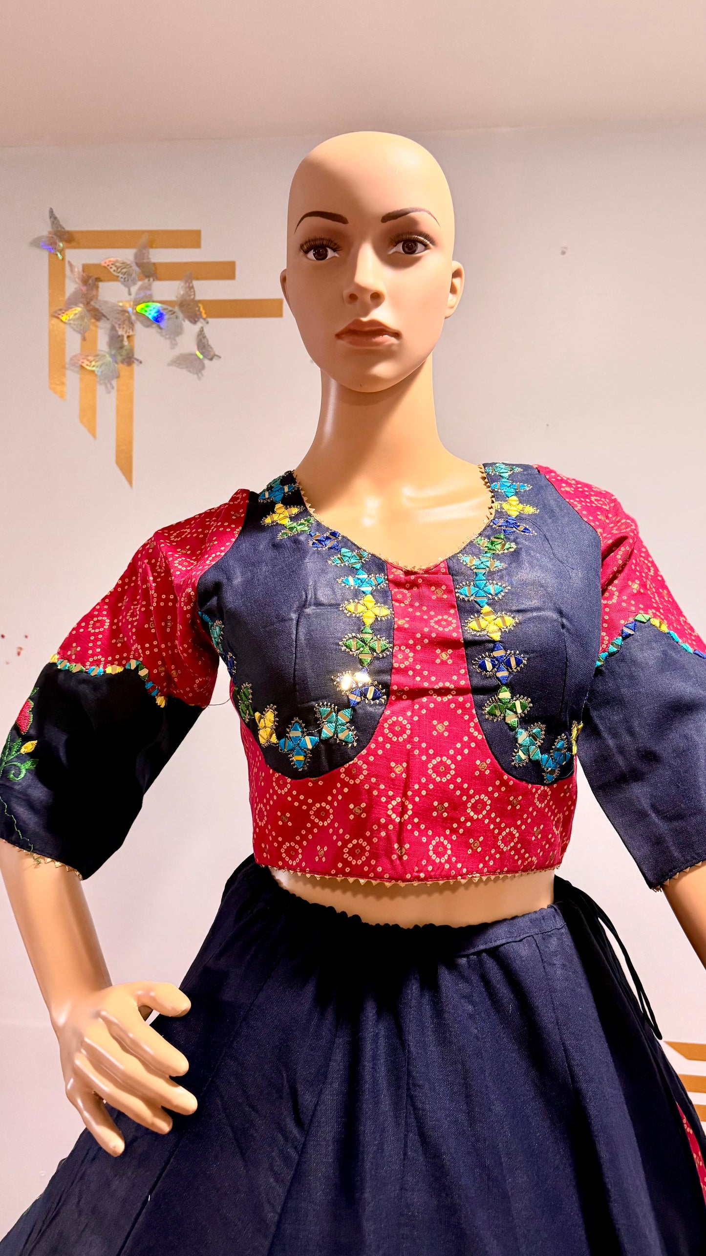 Royal Contrast Embroidered Navratri Lehenga Choli – Navy Blue & Rani Pink