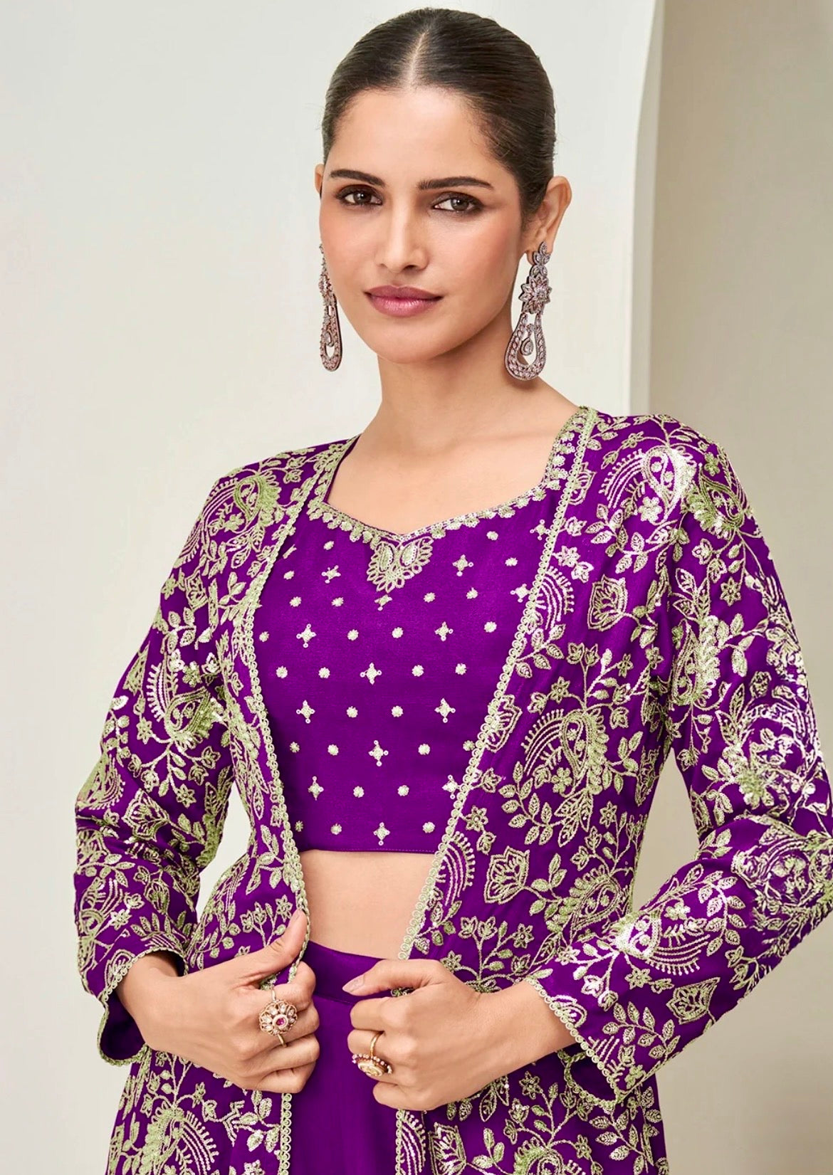 Chinon Silk Embroidered Long Jacket With Palazzo Set