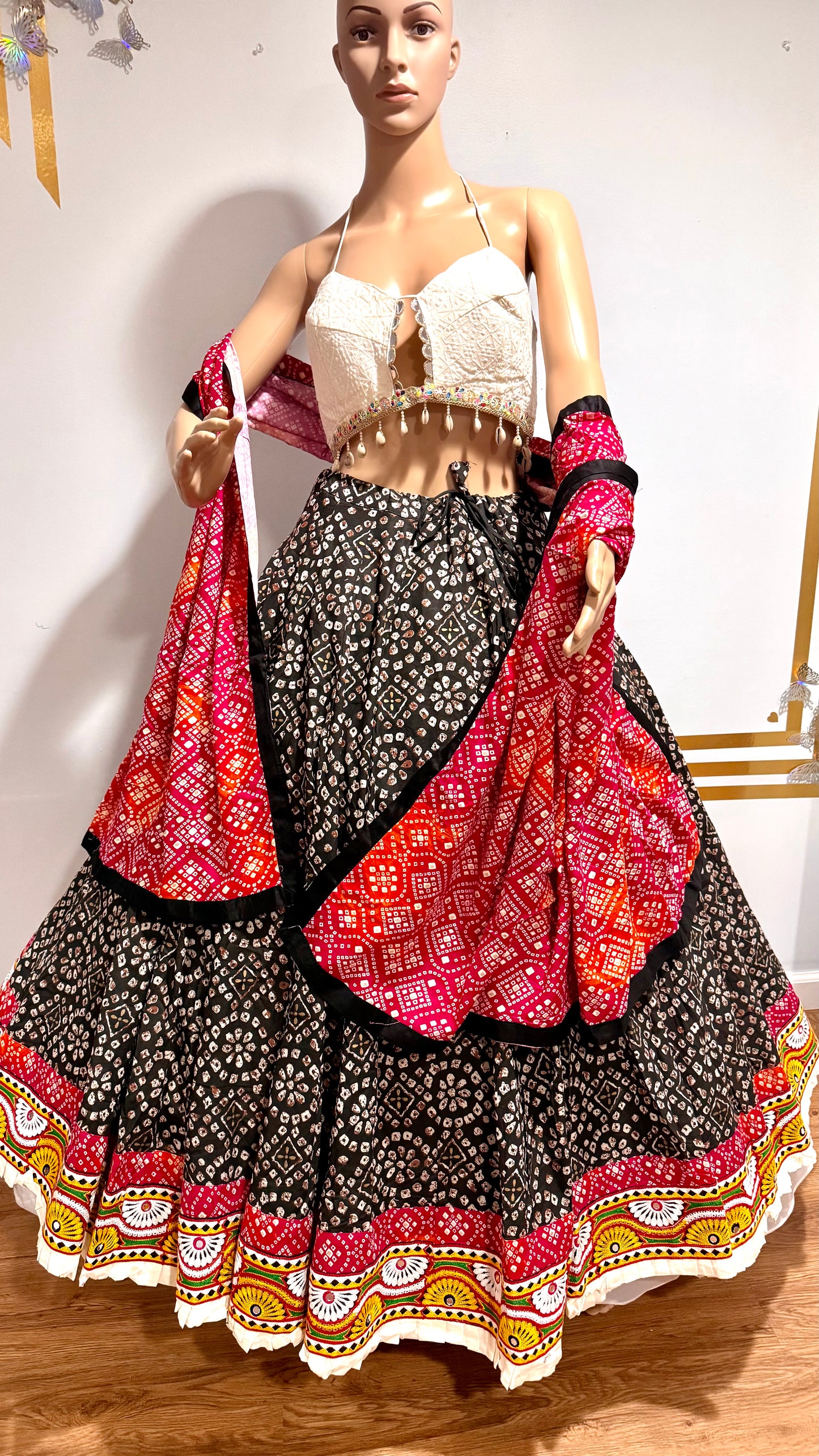 Garba Glam Black Bandhani Chaniya Choli with Designer Shell Blouse