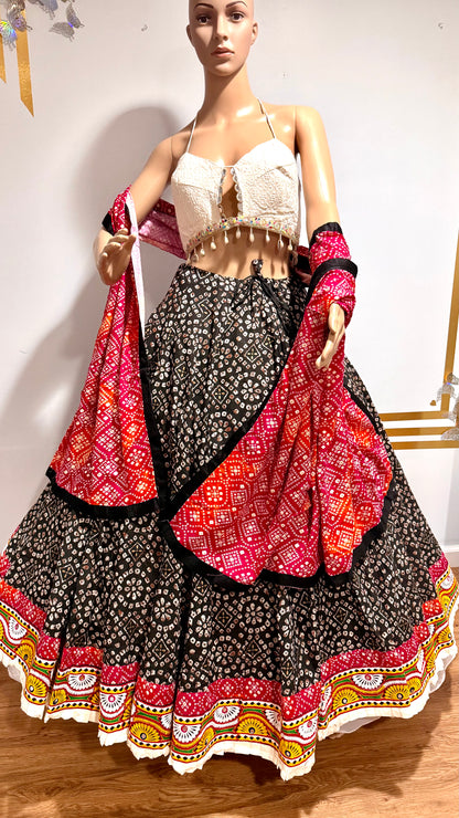 Garba Glam Black Bandhani Chaniya Choli with Designer Shell Blouse