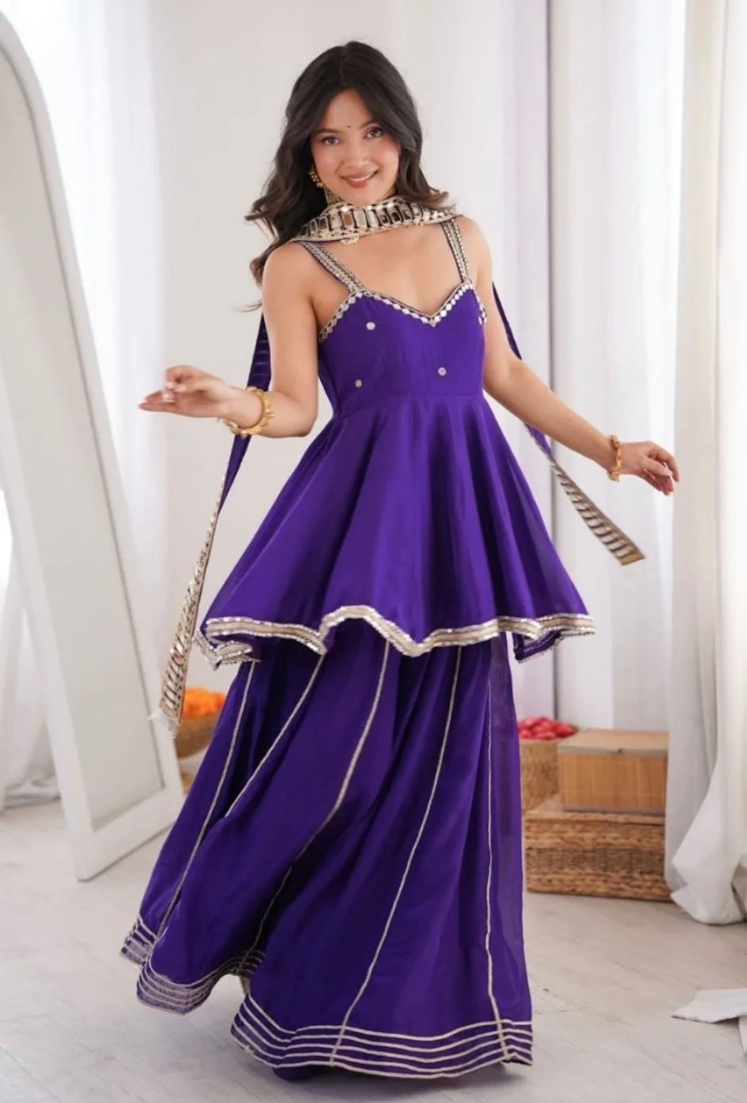 Purple Chinon Mirror Work Palazzo Set