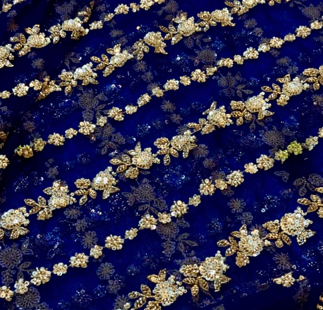 Gold floral lace on a blue fabric background