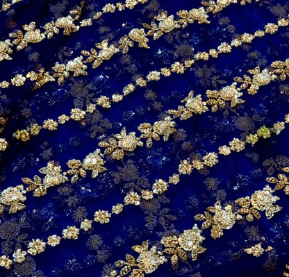 Gold floral lace on a blue fabric background