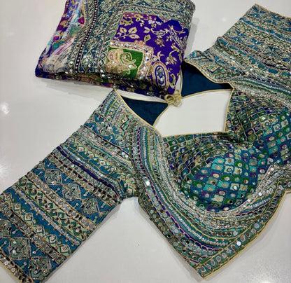 Embroidered fabric with intricate patterns on a white surface