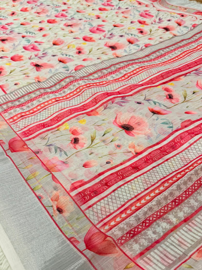 Floral and striped fabric pattern on a flat surface