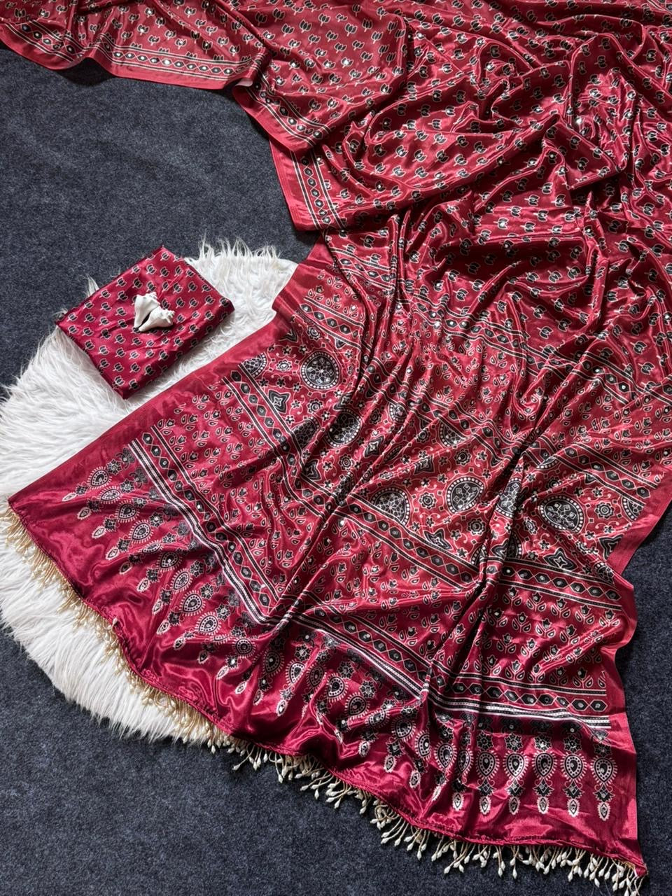 Ajrakh Print Satin Saree with Mirror Work & Moti Latkan
