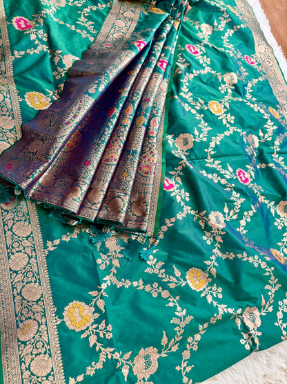 Dual Tone Rama Green Banarasi Saree (Fast Delivery in USA: 2–3 Business Days)