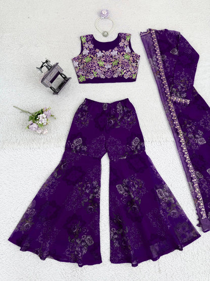 Designer Silk Sharara Set with Embroidered Shrug & Blouse