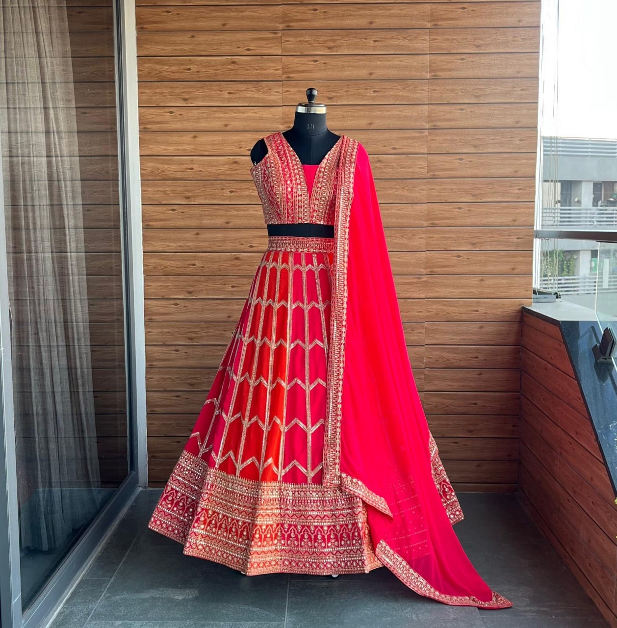 Orange Pink Faux Georgette Lehenga
