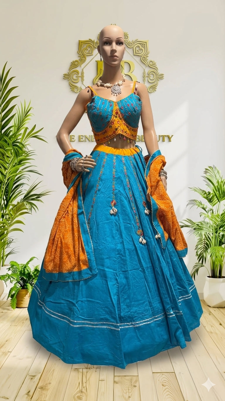 Vibrant Sky Blue Lehenga Choli with Mustard yellow Dupatta (Beach Sunset Theme)