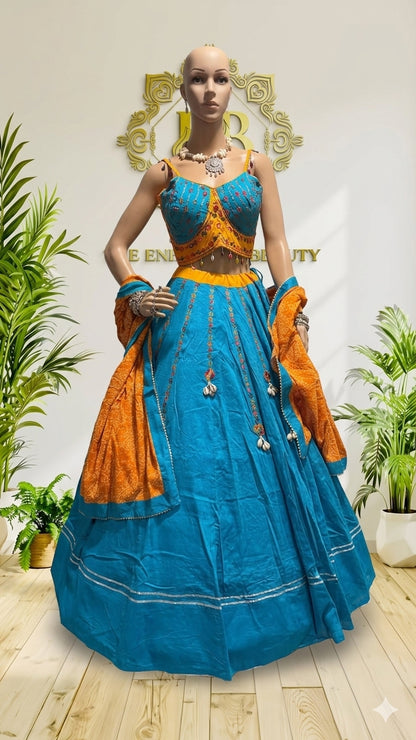 Vibrant Sky Blue Lehenga Choli with Mustard yellow Dupatta (Beach Sunset Theme)