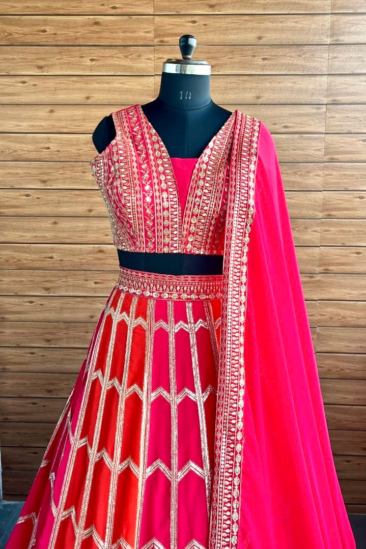 Orange Pink Faux Georgette Lehenga