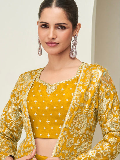 Chinon Silk Embroidered Long Jacket With Palazzo Set