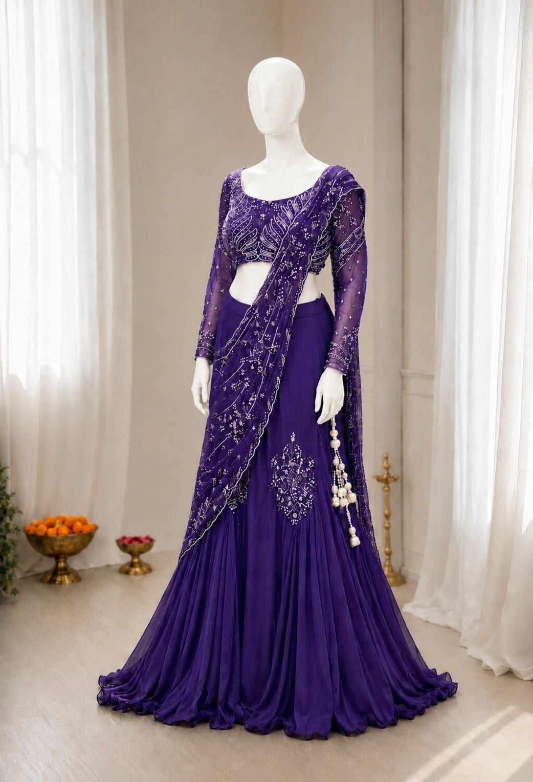 Premium Chinon Silk Lehenga Choli with Attached Pallu & Sequins Work